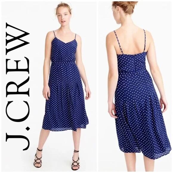 J. Crew Navy Blue Polka Dot Blouson Drop Pleat Silk Midi Dress Size 4 - Picture 1 of 14